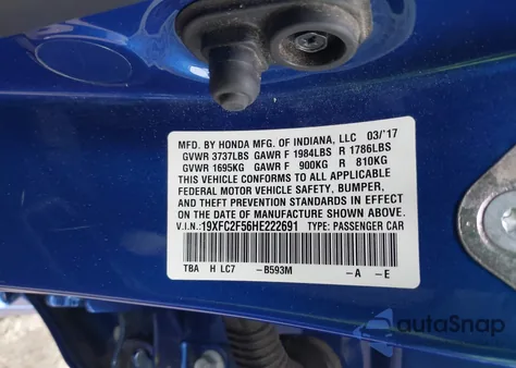 2017 Honda Civic Lx z USA, uszkodzony, nr VIN 19XFC2F56HE222691